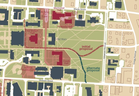 An alternative plan would temporarily allow construction-related traffic to access the Fayetteville campus’s historic core from Dickson Street rather than Arkansas Avenue. 